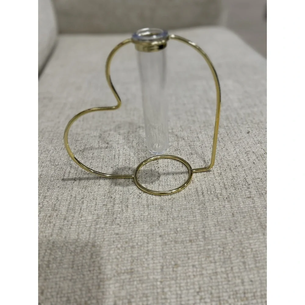 Heart Shaped Metal Bud Vase w Glass‎ Test Tube Gold Tone Minimalist Decor